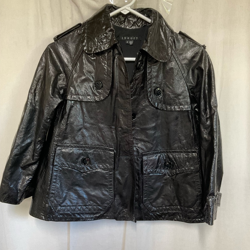 Theory Women's Polished Black 100% Leather Oberon A-line Swing Jacket Size P - Picture 3 of 16